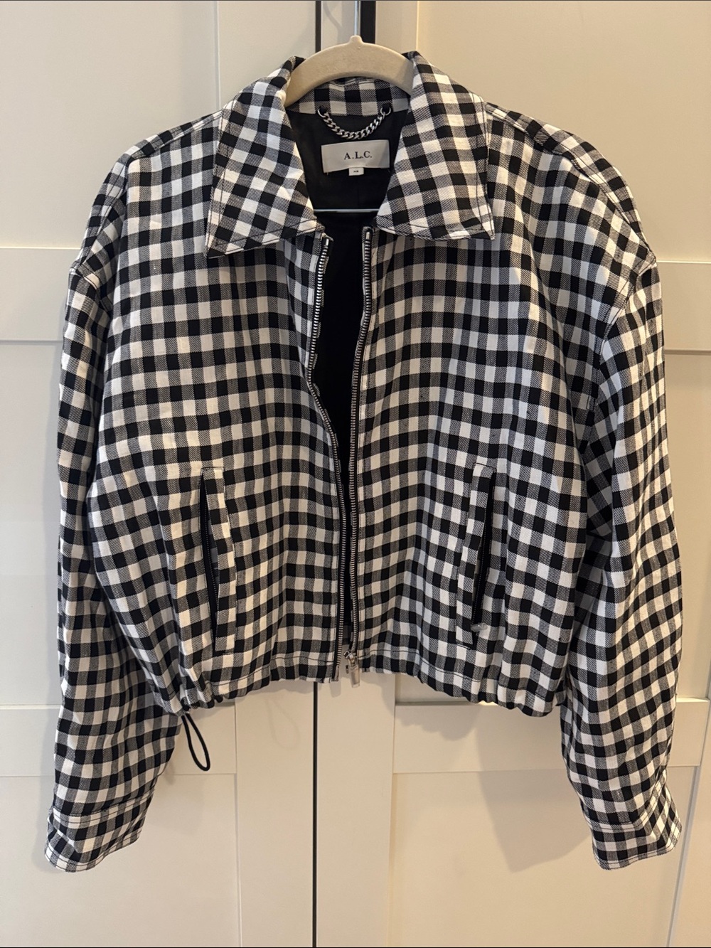 A.L.C. Black & White Gingham Cropped Bomber Jacket